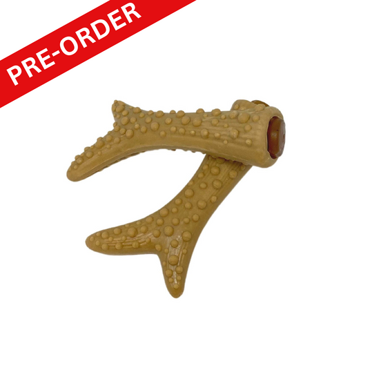 Banana & Peanut Butter Filled Antler Dog Chew sits on a white background
