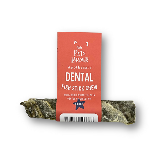 Dental fish stick chew with red packaging labeled 'The Pet's Barber Apothecary' on a white background.
