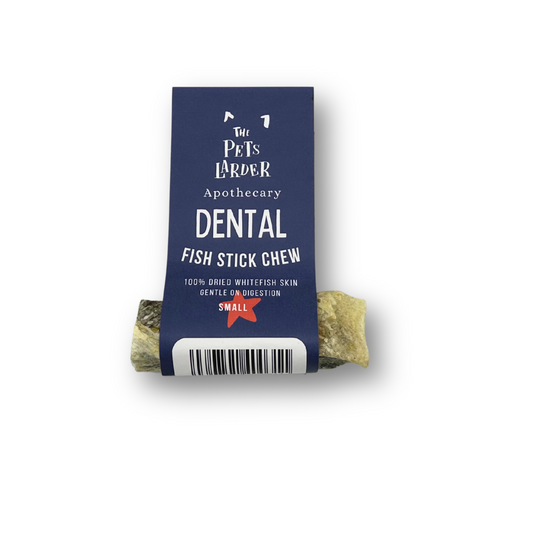 Dental fish stick chew with packaging labeled 'The Pet's Larder Apothecary' on a white background