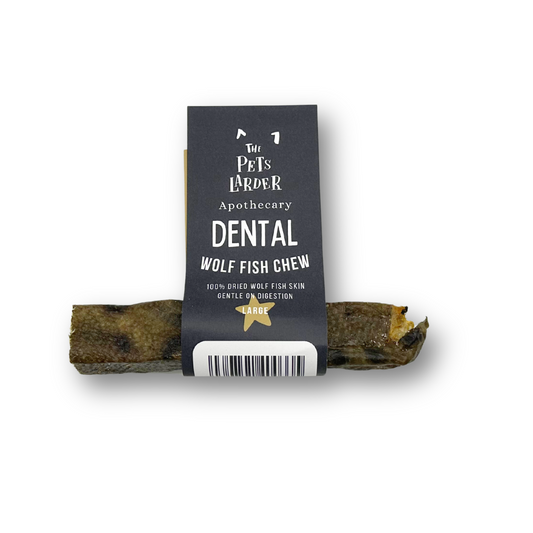 Dog chew treat with 'The Pets Larder' label on a white background